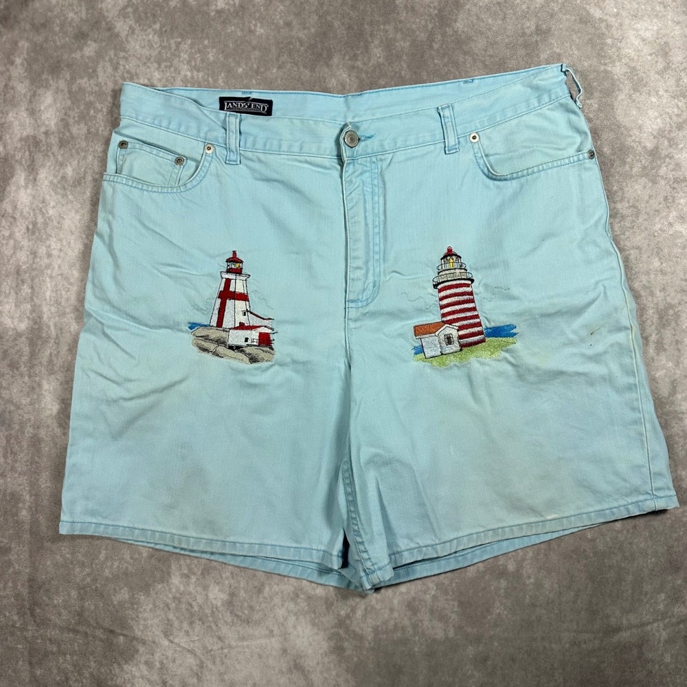 Lands End Vintage Light Blue Lighthouse Embroidered Denim Shorts Womens 16